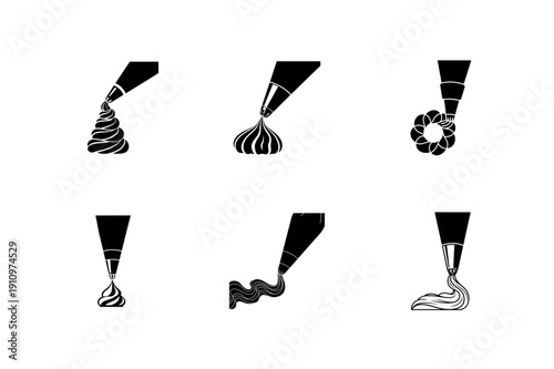 Pastry Piping Bag and Icing Nozzle Silhouette Vector Icon Set