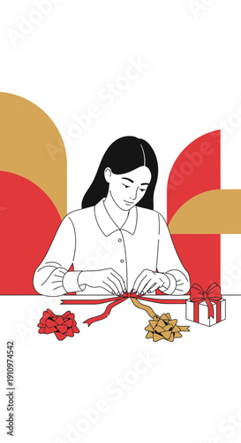 Elegant Illustration: Woman Crafting a Gift, Emphasizing Artistic Presentation and Detail
