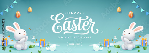 Cute 3D Easter Bunny Banner Spring Holiday Sale Promotion