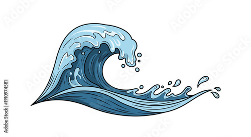 Stylized illustration of a large curling ocean wave in shades of blue