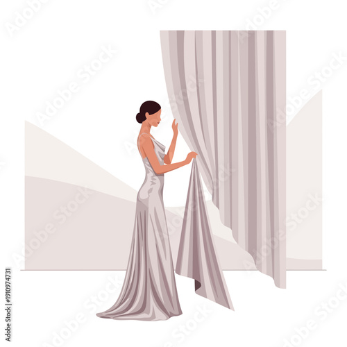 Elegant Woman Unveiling Curtain in Minimalist Scene, Revealing an Undisclosed Presence