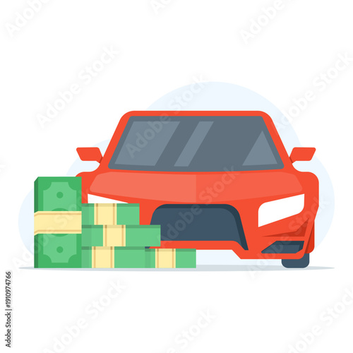 Car finance icon with vehicle and cash elements. Creative vector illustration for auto budget, savings plan, and financial achievement concept.
