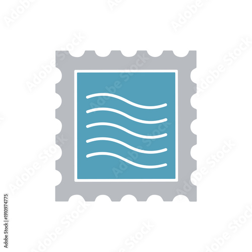 Blue postage stamp with wavy lines.