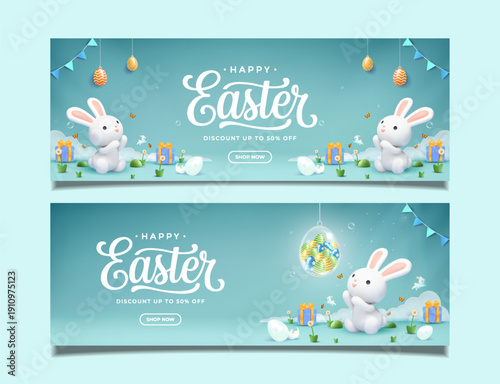 Happy Easter Sale Banner with Cute 3D Rabbit and Eggs Promotion