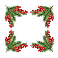 Christmas wreath border with red berries and green leaves isolated on transparent background