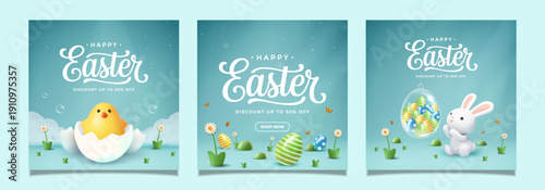 Happy Easter Sale Social Media Template Set 3D Banner Collection