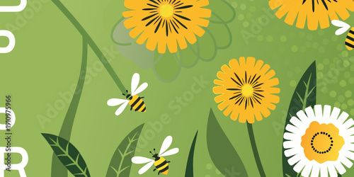 Valokuva Colorful illustration featuring dandelions daisies bees and green foliage