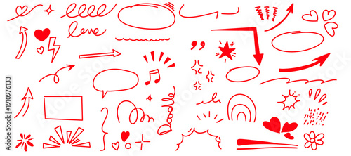 Love and music doodles hand drawn vector illustration set in red flat design