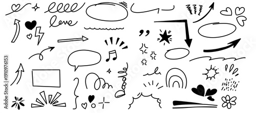 Hand drawn love doodles and symbols vector illustration set with hearts and music