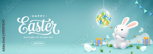 Happy Easter Sale Banner Cute 3D Bunny with Decorative Eggs