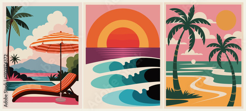 Set of flat vector retro summer posters in mid-century modern style, featuring palm trees, sunset under the sea, poolside scenes, and loungers with sun umbrellas.