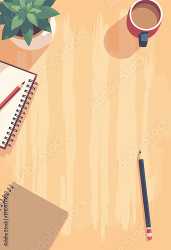 Wooden Table texture background top down view Light oak wood grain notebook pencil side Study vibe
