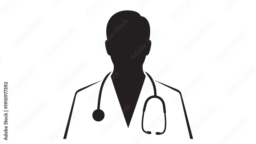 Fototapeta premium Black Silhouette Of Doctor Wearing Stethoscope On White Background Vector Illustration For Healthcare And Medical Concepts