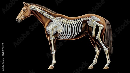 Detailed anatomical illustration of a horse's skeletal structure, showcasing the bones of the torso, limbs, and head against a rich black backdrop.
