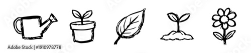 Hand-drawn garden icon set featuring a watering can, potted seedling, leaf, sprout, and flower in a simple black and white doodle style.