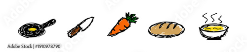 Hand-drawn kitchen and food icons including a frying pan, knife, carrot, bread, and soup bowl, perfect for cooking and recipe themes.