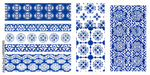 Blue and white portuguese azulejo tile patterns arranged in strips