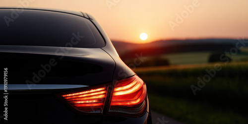 Peaceful sunset landscape behind black luxury vehicle rear taillight showing tranquil journey concept and calmness of evening road trip during summer golden hour on country field