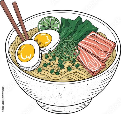 Traditional Japanese ramen noodle soup bowl with boiled eggs vector, green onions, and pork for restaurant menu design