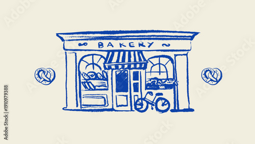 Hand drawn bakery facade. European local shop vintage sketch. Menu and packaging design. Vintage cozy bakery branding. Crayon doodle vector illustration.