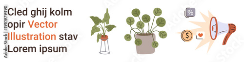 Gardening, business promotion, financial growth, marketing strategies, eco-friendly practices, home decor. Potted plants and megaphone with financial icons. Gardening and business promotion visuals