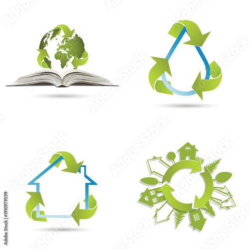 An Eco Friendly World. A collection of green globes against a backdrop of an open book, a house, a tree, and grass.