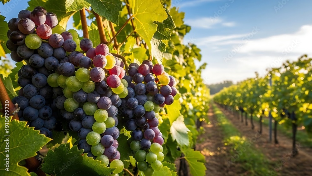 Naklejka premium Grape vineyard with lush green leaves.