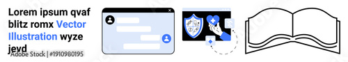 Cybersecurity, online learning, privacy protection, user profiles, education, research. A web interface, shield icon and open book. Cybersecurity and online learning in dynamic symbols