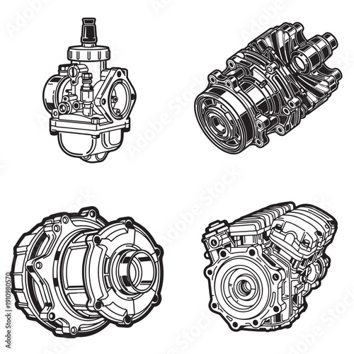 Internal Combustion Engine V-Twin Cylinder and Carburetor Illustrations