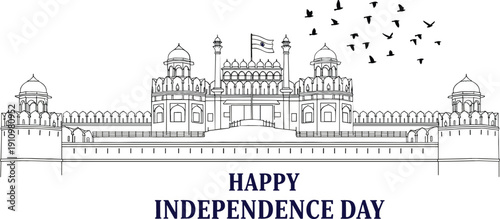 Line drawing of Red Fort Delhi for India Independence Day celebration with national flag and birds of freedom