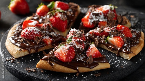 Wallpaper Mural Chocolate dessert pizza sliced into wedges, glossy dark chocolate spread on thin crust, fresh strawberries and shaved chocolate on top, photographed on a matte black stone surface Torontodigital.ca