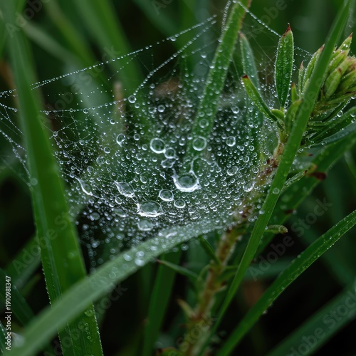 Detailed close-up of a delicate spider web strung between green foliage, sparkling with dew drops in the morning light ,drop ,construction ,background