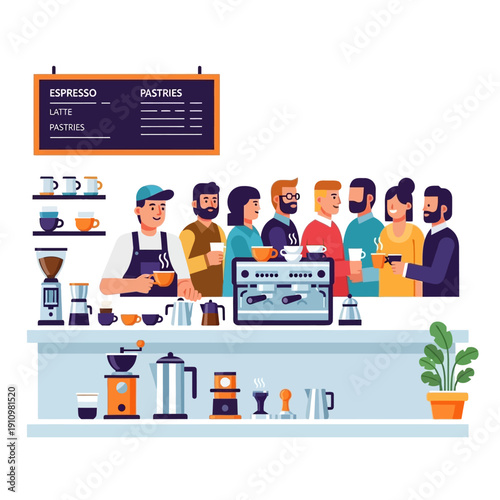 Barista serving coffee to customers at a busy cafe counter with espresso machine and pastries menu