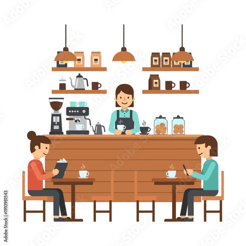 Barista serving coffee to customers in a cozy cafe, people enjoying drinks and snacks