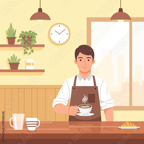 Barista serving hot coffee at a cozy cafe counter with mugs and pastry