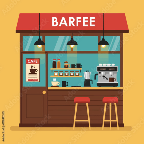Cozy Coffee Bar Counter with Espresso Machine, Moka Pot, and Stools - Barfee Cafe
