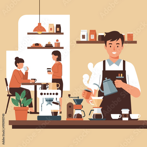 Barista making pour over coffee for customers in a cozy cafe