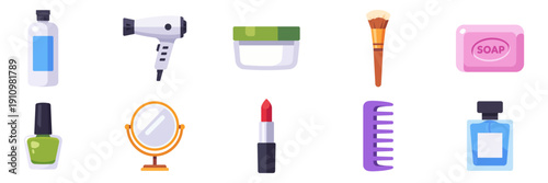 Set of beauty and care icons, makeup and skincare products, shampoo, soap, comb, hair dryer, perfume, nail polish, mirror, lipstick, colorful collection with vector flat illustrations