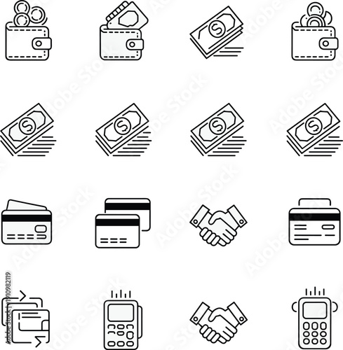 Minimalist vector line icons for banking, point of sale transactions, and financial management.