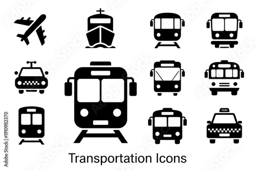 Transportation icons collection with various vehicle types on white background