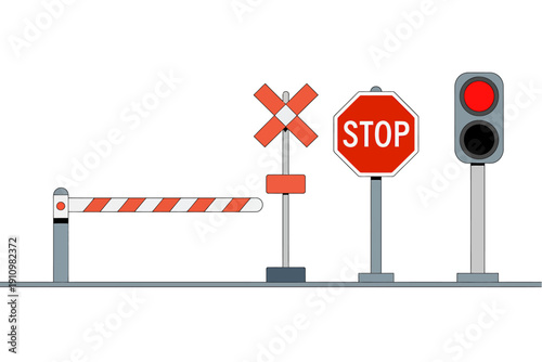 Traffic signs and road blockers on a white background  transportation and safety symbols
