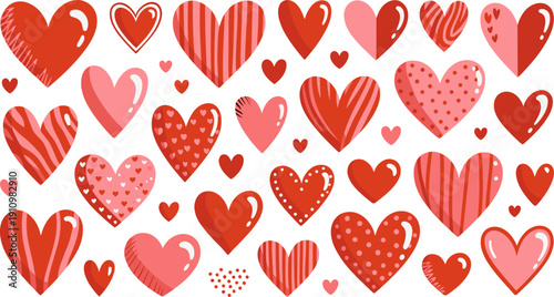 Assorted red and pink hearts with creative patterns and transparency background for digital scrapbooking and decor