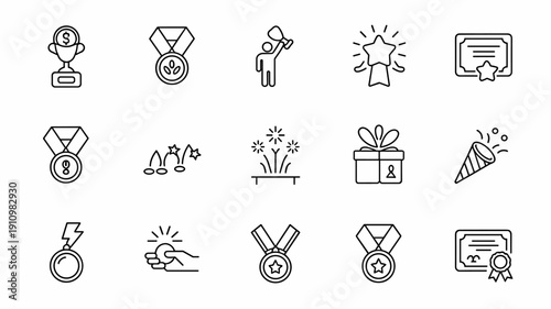 Achievement and award line icons set featuring trophies medals certificates and celebration elements for success map