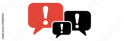 Three speech bubbles with exclamation marks in red and black colors