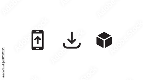 Mobile phone with upload icon, download symbol, and 3D cube in simple flat design with dark color scheme for app interface