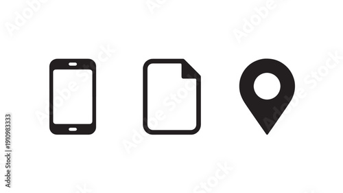 Mobile device, document, and location pin icons in minimalist style with simple black design on white background for app development