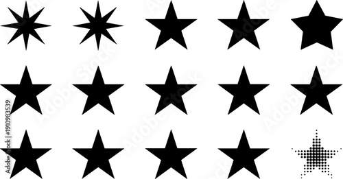 Set of fifteen different styles and shapes of star icon vector graphic elements for design and decoration