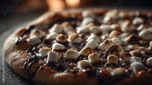 Wallpaper Mural Chocolate pizza topped with marshmallows lightly torched, moody kitchen lighting, cinematic food photography Torontodigital.ca
