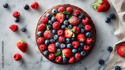 Wallpaper Mural Chocolate pizza with berries arranged in concentric circles, overhead symmetry, light marble backdrop Torontodigital.ca