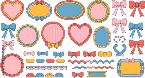 Set of cute baby shower frames bows ribbons and shapes pastel colors for scrapbooking invitations and cards decorative elements